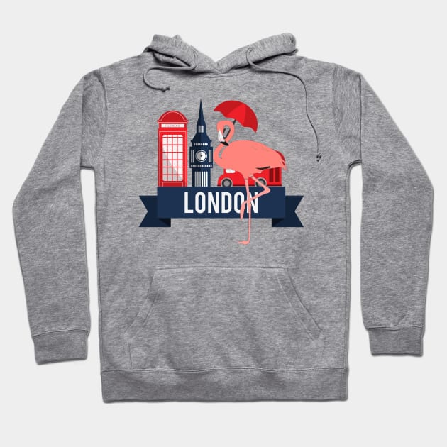 Pink Flamingo in London England Travel Icons Hoodie by TammyWinandArt